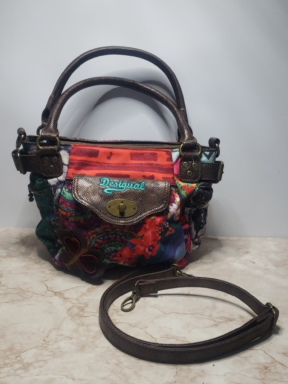 Desigual Multicolor Floral Satchel Handbag - Brown Trim